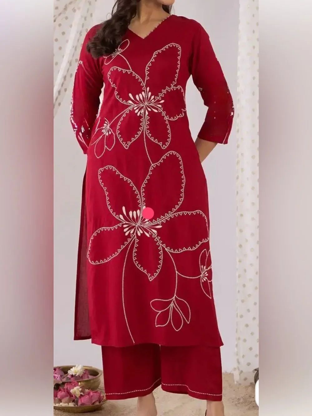 Red Kurta  with White Floral Embroidery